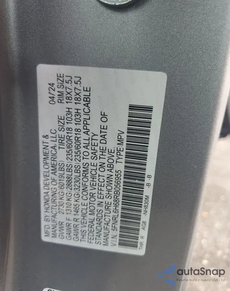 2024 Honda Odyssey Exl from USA, damaged, VIN 5FNRL6H68RB056955